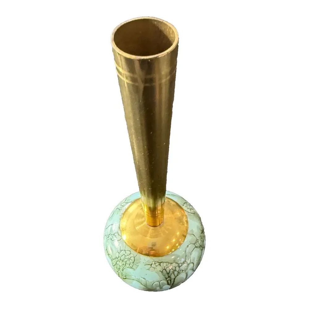Vintage NWT Delft Holland Brass Neck Hand painted Sky Blue Ceramic Bud Vase 8.5